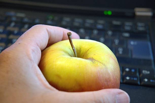 istock Healthy snack in work. One whole apple fruit with computer and hand. 2223179056