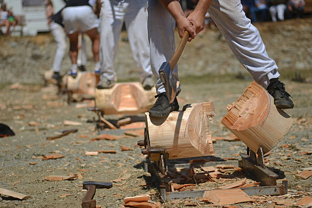 A competitor finisheds his block in the woodchop event celebrating the 150th anniversary of the founding of Nelson Creek, New Zealand