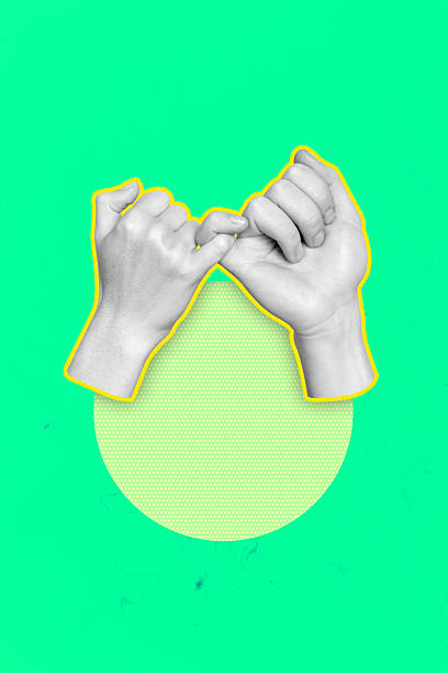 istock Composite image montage trend artwork 3D collage of sticker two hand hold together finger pinky promise gesture body language symbol 2223181526