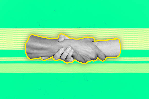 istock Composite sketch design artwork 3D photo collage of body language gesture showing two hand hold together support cooperation partner 2223181539