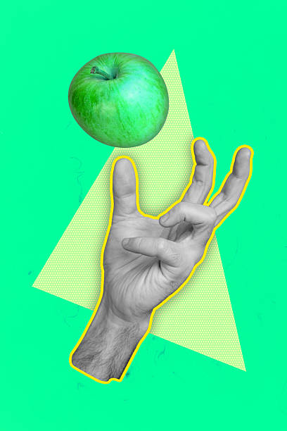 istock Trend artwork poster composite sketch image collage of silhouette hand hold apple eat fruit green color sign finger gesture body language 2223181556