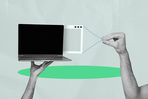 istock Creative trend artwork design 3D collage sketch of computer technology online internet virtual hand hold laptop hacking data information 2223181558