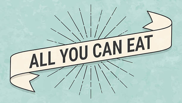 All You Can Eat. Banner, ribbon, label in a trendy vintage style. Beautiful retro ribbon with old textured paper and sunbursts in the background. Colors used: green, blue, beige and black. The banner is beige with a black outline, the sunbursts and the text are black. The background is green-blue. Vector Illustration (EPS file, well layered and grouped). Easy to edit, manipulate, resize or colorize. Vector and Jpeg file of different sizes.
