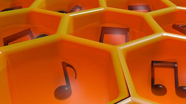 A 3D rendering of a honeycomb filled with musical notes. Dark, silhouetted musical notes are visible within several of these hexagonal cells.