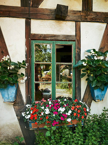 istock Window with a green frame and a blue pot with flowers in it 2223184155