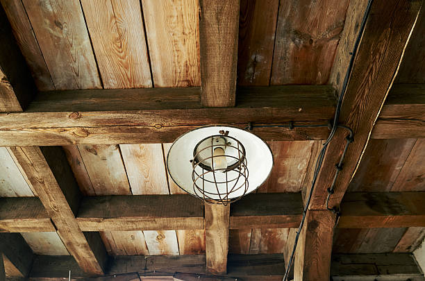 istock Light fixture hangs from the ceiling in a wooden room 2223184300