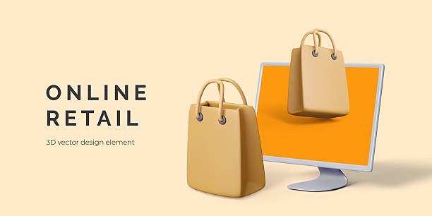 istock Online Shopping 3D Concept With Shopping Bags And Monitor Displaying E-Commerce Graphics On Beige Background. Perfect For Web Stores And Marketing. Vector 2223185924