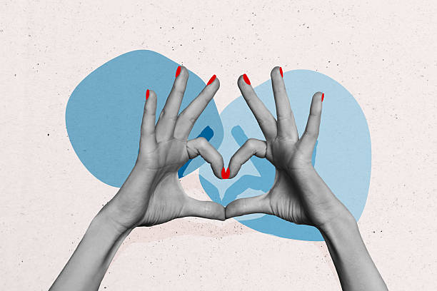 istock Composite trend artwork sketch image collage of poster two huge hand hold together touch finger point gesture heart shape love romance 2223188214
