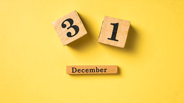 istock Wooden blocks showing the date December 31 on a solid yellow background. A symbolic flat lay representing the last day of the year with a bold and simple visual style 2223188248