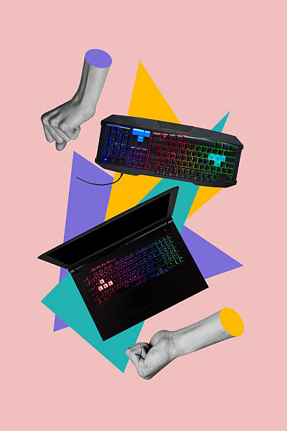 istock Vertical poster collage gaming computer laptop colorful rgb keyboard equipment keypad wire cable 3d hands entertainment leisure 2223188263