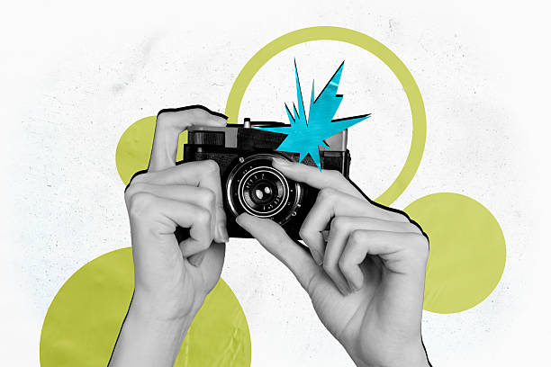 istock Creative collage picture hands body fragments hold camera shooting objective lens photographer paparazzi drawing background 2223188440