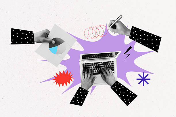 istock Composite artwork collage image picture of arms use laptop write pen diagram isolated on creative background 2223188469