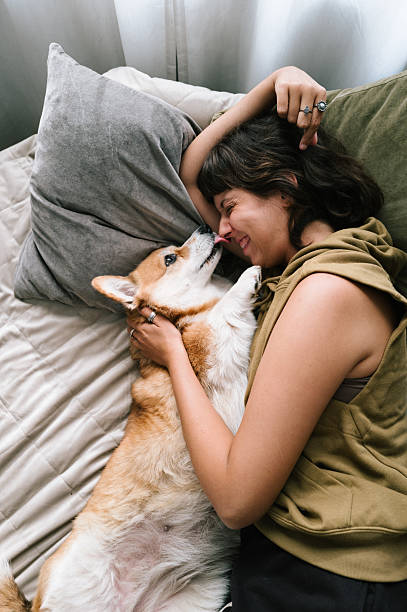 istock young woman relax Comfortable with cute dog in bed, 2223188708