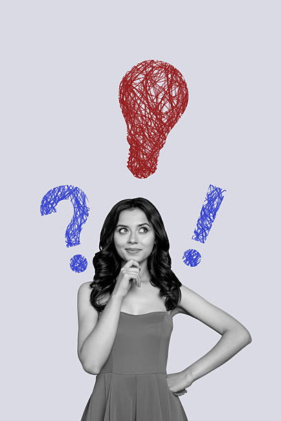 istock Vertical photo collage of minded girl think plan doodle light bulb idea plan exclamation question mark isolated on painted background 2223191522