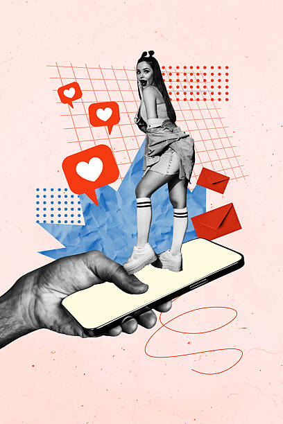 istock Vertical poster collage young woman smartphone screen device touchscreen notification like correspondence blogger social media 2223191535
