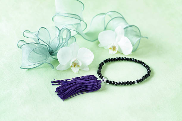 istock Phalaenopsis and prayer beads with pale green background. 2223194620