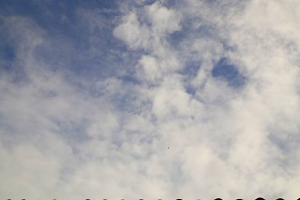Bright blue sky filled with white fluffy clouds. Rooftop view of a clear day with airy atmosphere and tranquil scenery.