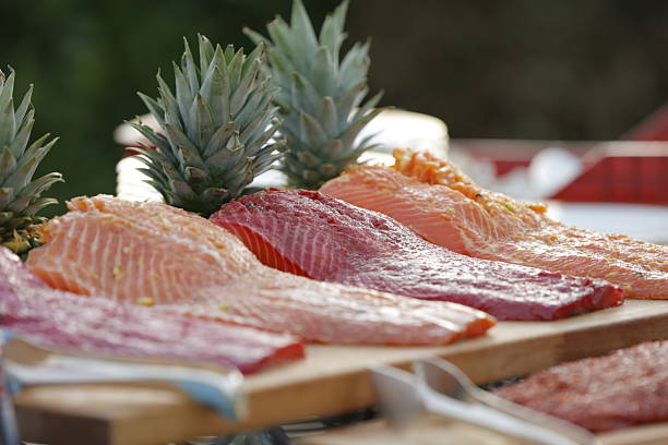 Seasoned Salmon Fillet on Decorative Plate – Gourmet Presentation Stock Photo