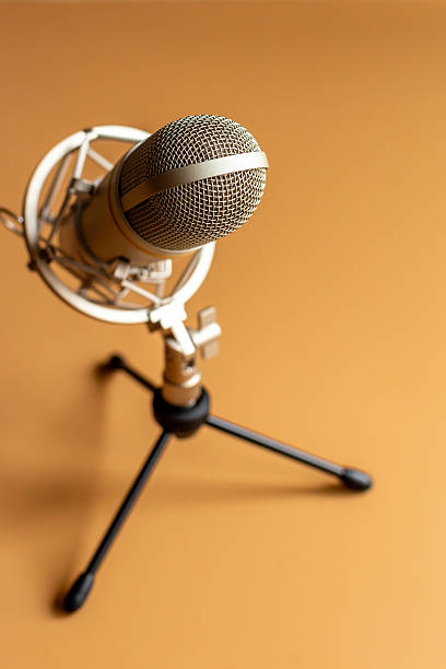 istock Podcast recording - microphone on the table, close up 2223212375