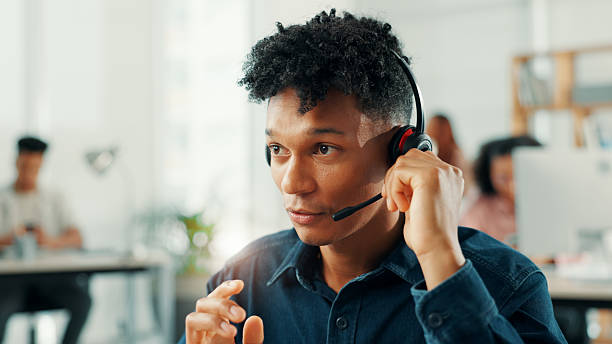 istock Contact us, headset and support with man in call center for assistance, help or lead generation. Communication, crm and microphone with virtual assistant at work in customer service for feedback 2223215020