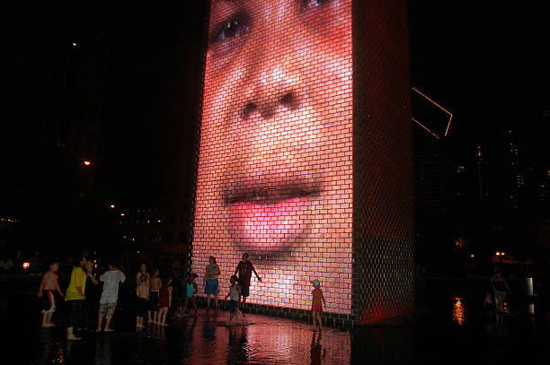 Crown Fountain by Jaume Plensa 2004 inside Millennium Park at night in Chicago, IL, USA on July 17, 2008