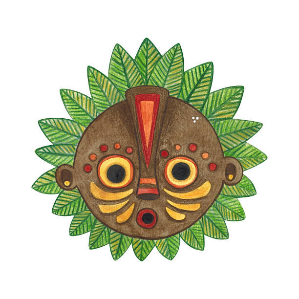 istock African brown round mask with green leaves and bright color pattern. Watercolor hand drawn illustration, cartoon. Drawing for print, stickers, cards, poster. Africa, mask, bright, holiday, red, orange 2223215779