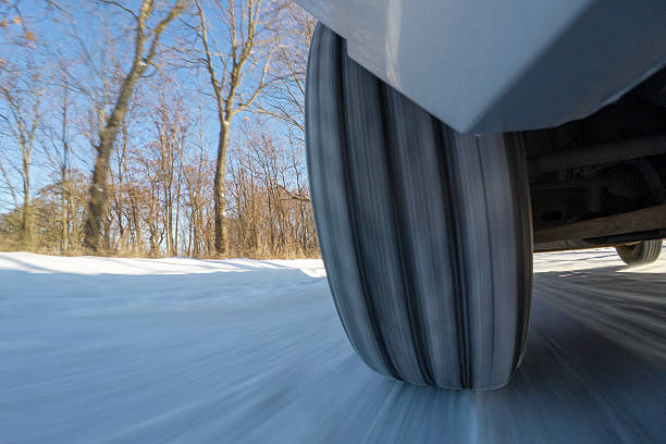 istock A gray car is driving fast on snowy asphalt 2223217002