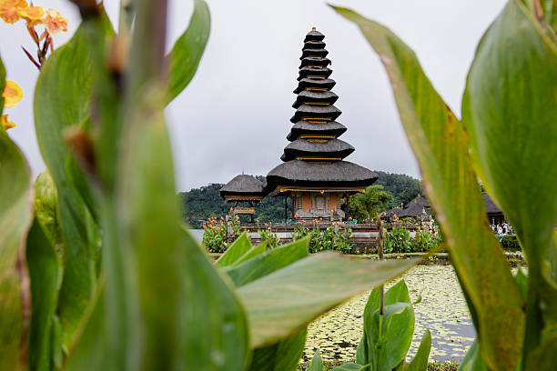 Pura ulun danu bratan temple with flower bed in foreground. Bali, Indonesia.