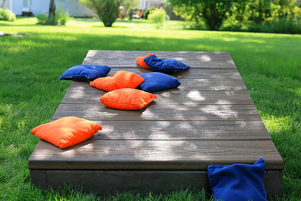 istock Blue and orange cornhole bags on a board during a backyard game 2223219216