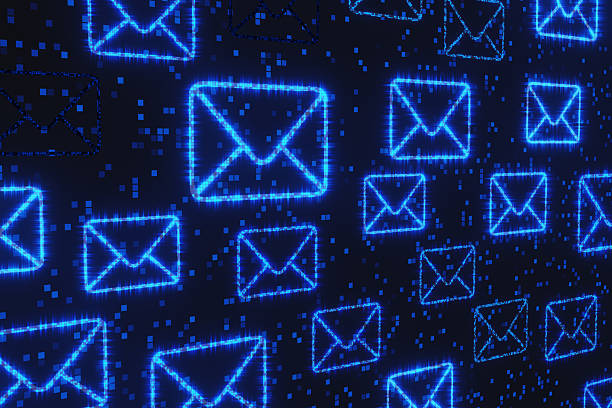 istock Blue neon glowing pixelated envelopes randomly scattered in a black background. Illustration of the concept of junk emails, spam messages and electronic communication 2223219966