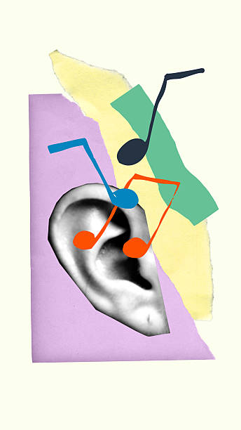 istock Surreal collage with ear listens to vibrant music notes collage on pastel torn background. Music psychology 2223220368