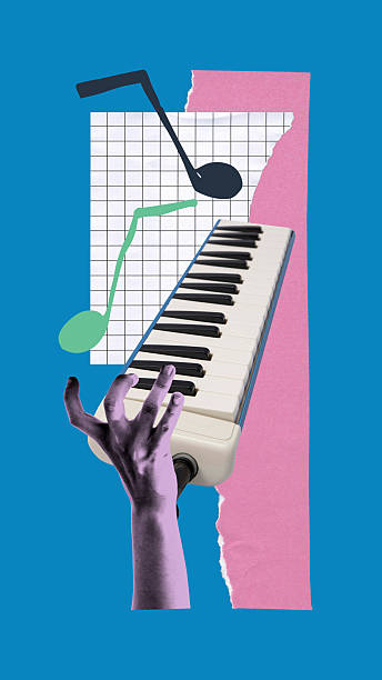 istock Conceptual collage of hand playing vertical keyboard with floating notes. Album cover design 2223220376
