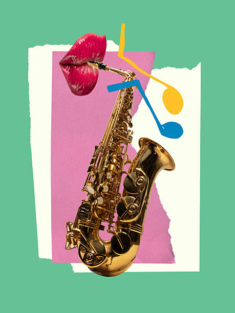 istock Golden saxophone with red lips and music notes on vibrant collage background. Ad, hand cut collage 2223220377