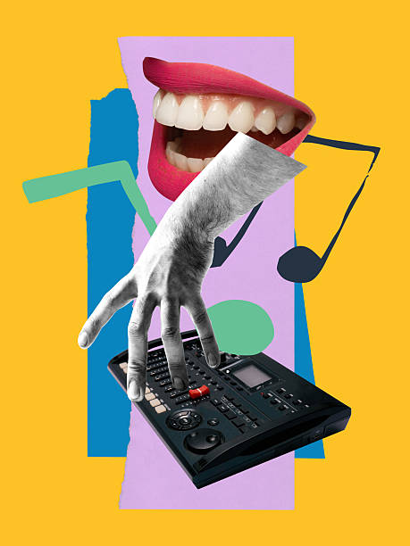 istock Beat-making hand reaches across sampler under vibrant notes and laughter. Festival posters 2223220381