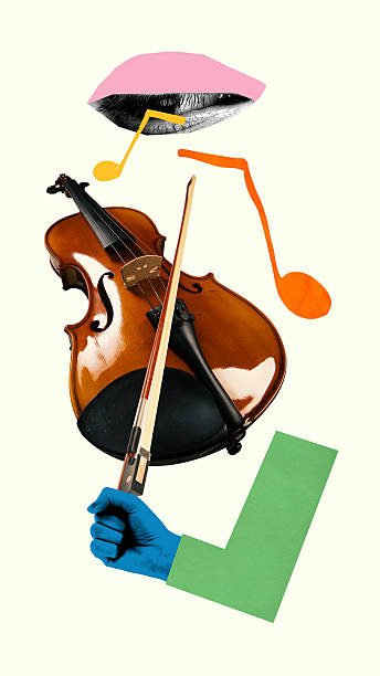 Modern art collage of classical violin, hand with bow, and stylized lips framed by motion-filled colorful notes. Concept of music promotion, violin lessons, music school branding, educational posters