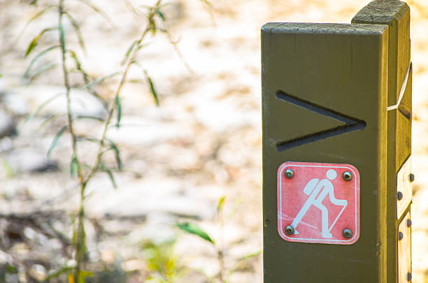 A square Red Walking Track sign on a brown timber, trail markers signs ensuring safe and meaningful bush adventures