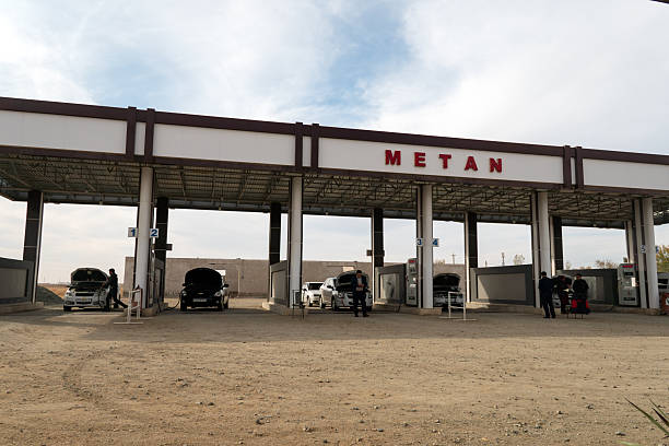 Gas station for methane. The car is refueled with gas on the street. November 4, 2023. The Karakalpak Republic of Uzbekistan.