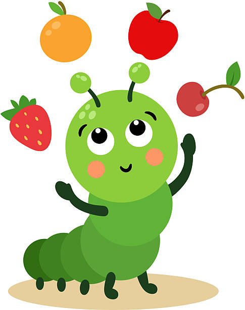 Cute Green Caterpillar Juggling Fresh Fruits A cheerful green caterpillar with big eyes and rosy cheeks is happily juggling various colorful fruits, including a red apple, an orange, a strawberry, and a cherry. The illustration is set against a plain background, emphasizing the playful interaction between the caterpillar and the fruit. caterpillar eating apple stock illustrations