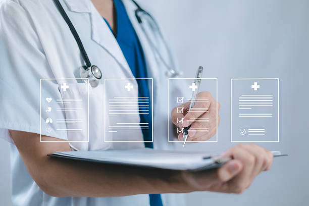 istock Patient data recording by medical professionals using diagnostics, hospital record systems, health platforms, medical coverage and online patient coverage support. 2223224088