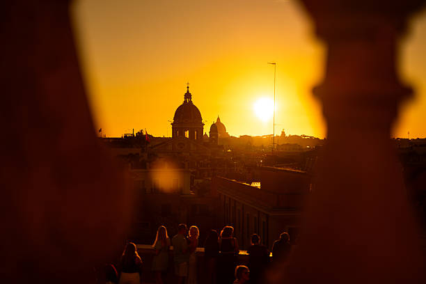 Golden hour at top of Spanish steps in Rome, Italy