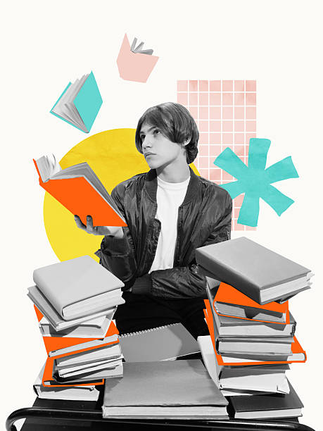 Teen boy surrounded by books, exploring knowledge through reading. Education campaigns