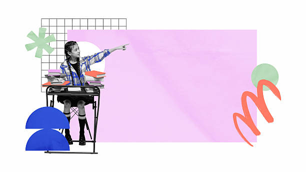 istock Schoolgirl at desk pointing forward with colorful educational and colorful elements around 2223224549