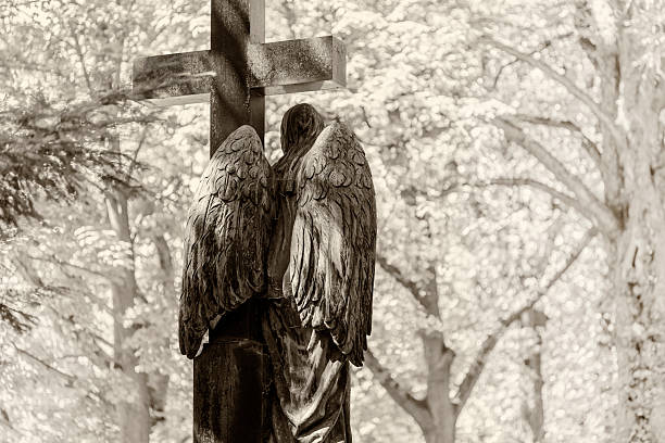 Back view of an angel statue in a cemetery. Sepia toned image