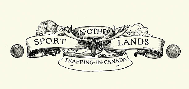 Big game hunting design element, Lions, Moose, Trapping in Canada, Vintage illustrations 19th Century