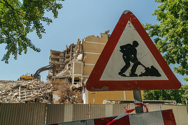 istock Demolition Zone with Warning Sign in Foreground 2223236909
