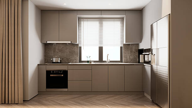 istock Modern minimalist interior with a kitchen window background- 3D rendering style conceptual interior empty room 3d illustration 2223240806