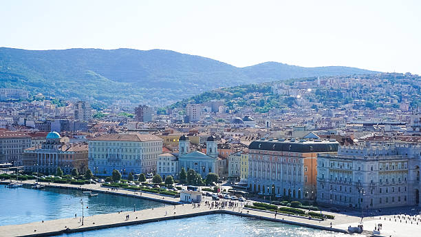 Trieste marina aerial view from from cruise ship. The streets of Trieste with the facades of old and colorful Mediterranean houses. Trieste at Italy