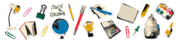 ilustraciones, imágenes clip art, dibujos animados e iconos de stock de útiles escolares y papelería semitono collage ilustración vectorial - lámpara angular