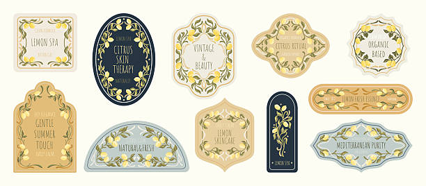 Editable Cosmetic Tags with Mediterranean Design. Art Nouveau Inspired Labels with lemons. Vector.