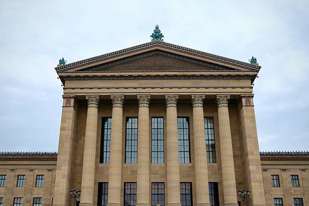 Philadelphia, Pennsylvania, USA- April 15, 2025: A tight view of the central columns and sculpted pediment on the Philadelphia Museum of Art, highlighting architectural detail.